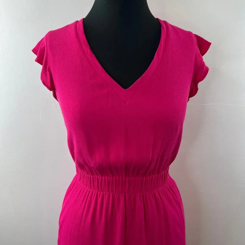 KATE SPADE Pink Fluid Crepe Frill Dress V-Neck Ruffle Sleeve Pullover Size 2